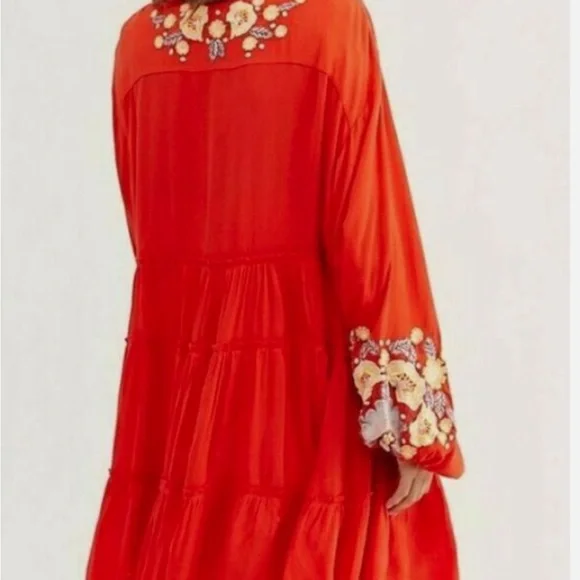 Free People Spell On You Poppy Red Floral Embroidered Peasant Dress Medium - Picture 3 of 10